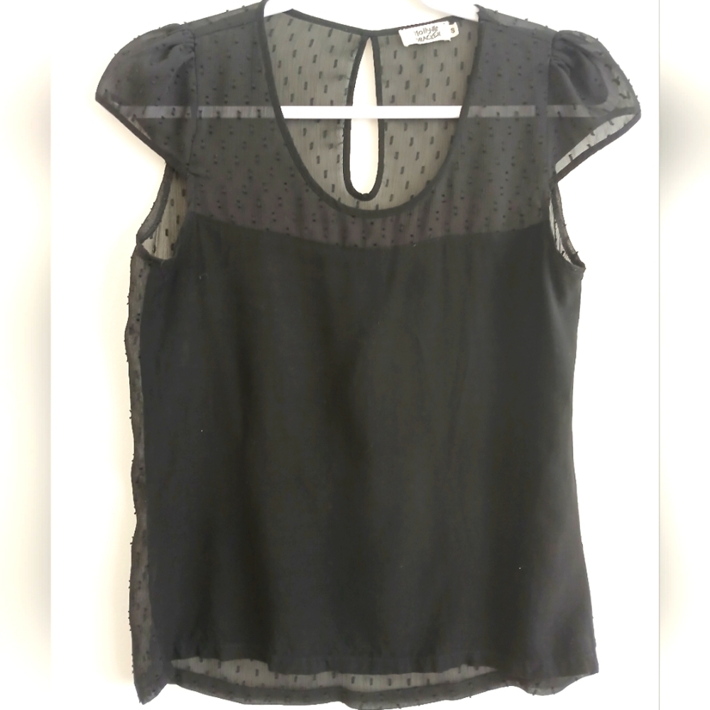 MOLLY BRACKEN Black Swiss Dot Sheer & Jersy Women's Top Cap slv Sz S